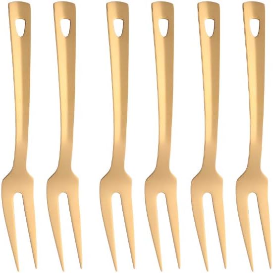 6 Pcs 9.6 in Gold Meat Forks for Kitchen, Stainless Steel Titanium Plated Dinner Fork, Ergonomic Integral Forming Mirror Polish-Dishwasher Safe