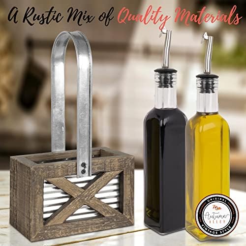 Autumn Alley Rustic Farmhouse Oil and Vinegar Dispenser Set - Oil and Vinegar Caddy Holder Set of Weathered Wood, Galvanized Metal - Adorable Rustic Kitchen Decor -250ml 8 oz
