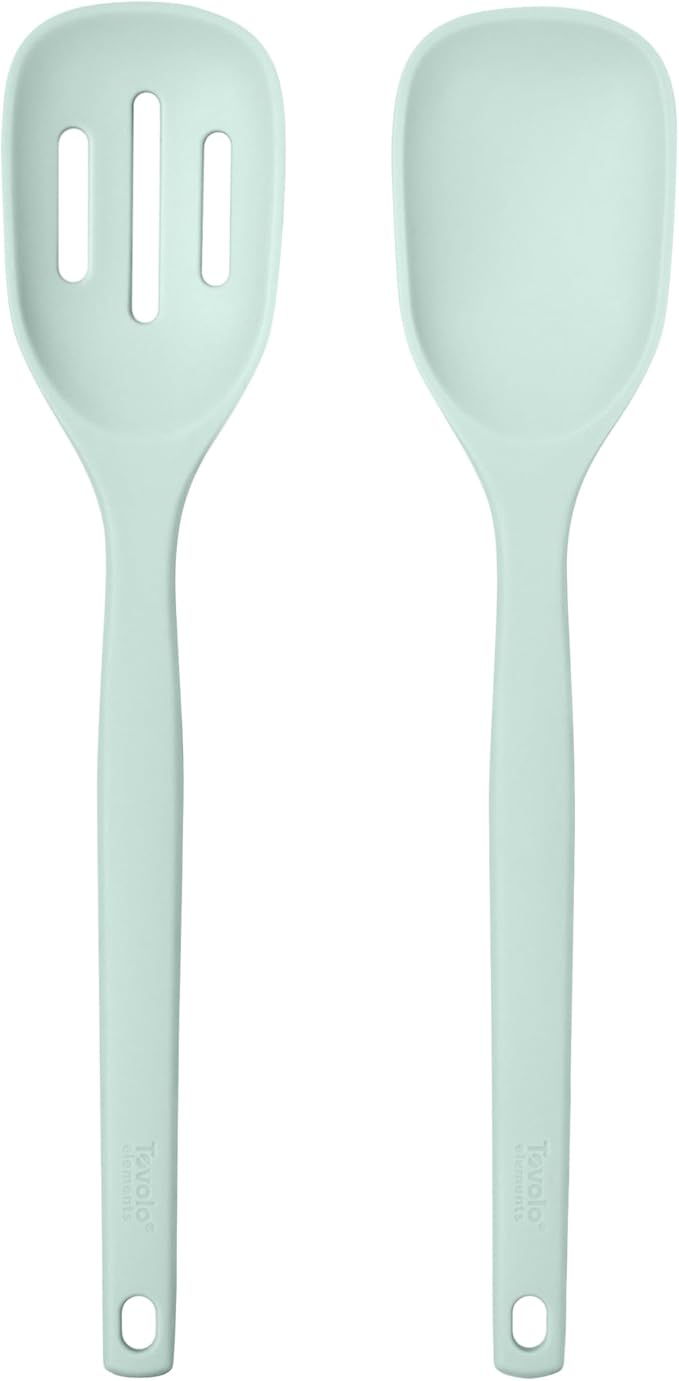 Tovolo Elements Silicone Spoon Set of 2 Mixing and Slotted Spoon Bundle for Non Stick Cooking Mixing Serving, Dishwasher Safe Heat Resistant Slotted Spoon and Mixing Serving Spoon, Blue Haze
