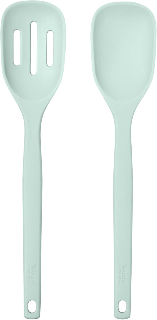 Tovolo Elements Silicone Spoon Set of 2 Mixing and Slotted Spoon Bundle for Non Stick Cooking Mixing Serving, Dishwasher Safe Heat Resistant Slotted Spoon and Mixing Serving Spoon, Blue Haze