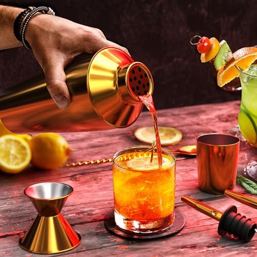 Bar Set Cocktail Shaker Set Bartender Kit, 8 Piece Gold Cocktail Set, Mixology Bartender Kit, Steel Drink Shakers Cocktail Kit, Bar Accessories: 24oz Martini Shaker, Muddler, Cocktail Book and More