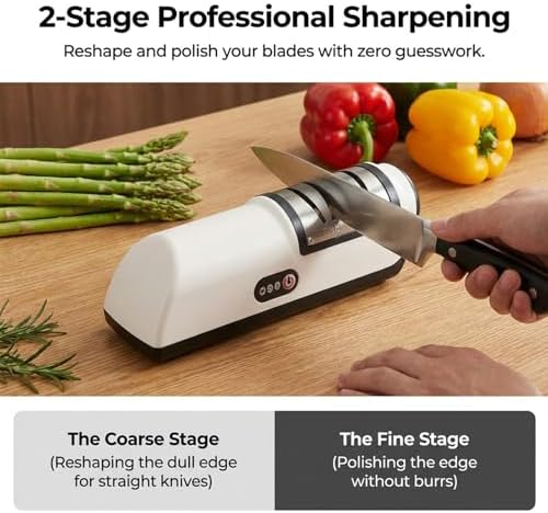 4-in-1 Knife Sharpener for Kitchen Knives & Scissors, Manual Pull-Through Sharpener with Tungsten Steel & Ceramic Slots, 3-Stage Sharpening Tool with Non-Slip Base