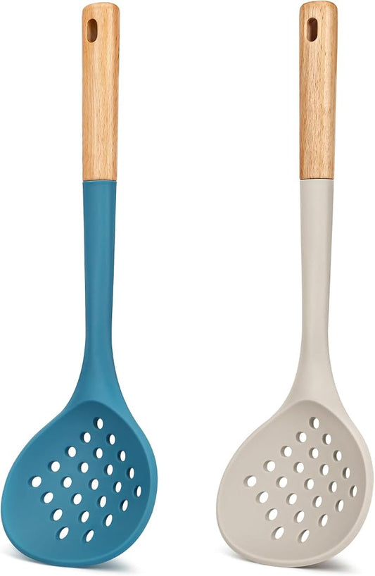 Kitchen Ladle Strainer, Large Slotted Spoon with High Heat Resistant BPA Free, Non Stick Cooking Skimmers For Draining & Frying, 13.2inch (Khaki & Blue)