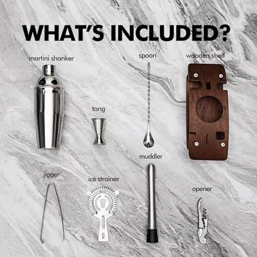 Mixology Bartender Kit Cocktail Shaker Set: 9-Piece, Bar Tools with Rotating Stand, Bar Set with All Essential Accessory Tools: Martini Shaker, Jigger, Strainer, Mixer Spoon, Muddler Ect, (Silver)