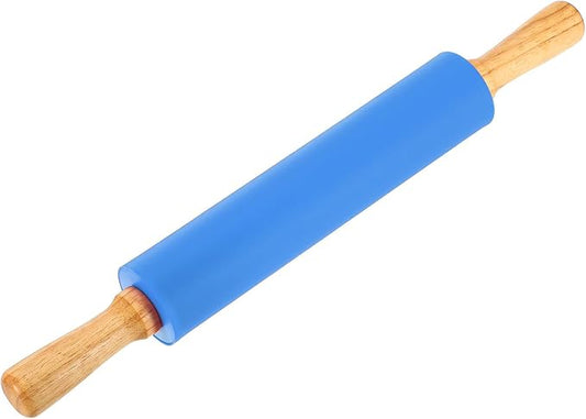 uxcell 9.6 Inch Silicone Rolling Pin, Small Dough Roller with Wood Handle for Pizza Pastry Fondant Kitchen, Blue