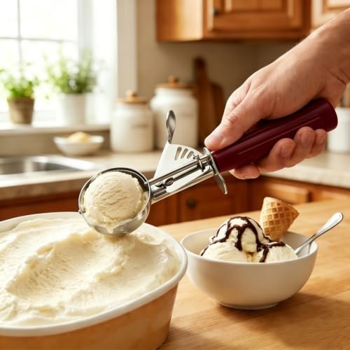 TOPKITCHEN Commercial-Grade Ice Cream Scoop 1.33 oz, 18/8 Stainless Steel Cookie Scoop with Plastic Handle, Portion Control Disher Scoop for Bakeries, Restaurants & Dessert Shops, #24, Red