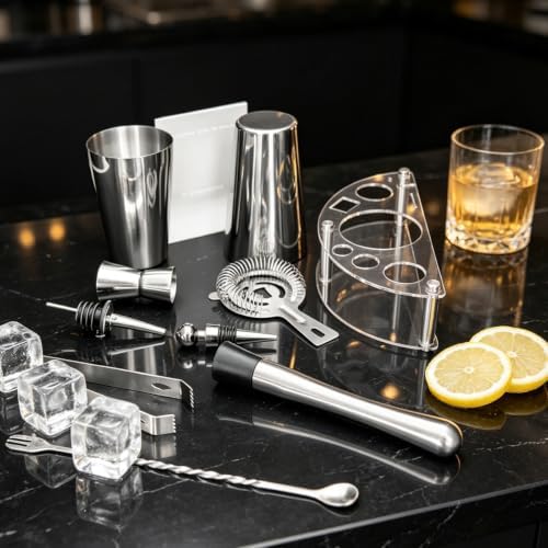 9-Piece Cocktail Shaker with Stand, 25oz Bartender Kit, Cocktail Shaker with Strainer Set, Boston Shaker Set, Bar Set Jigger for Bartending Drink Mixer Set, Cocktail Set Recipes (Silver-25/20oz)