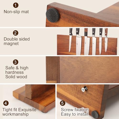 Hushee Extra Large Magnetic Knife Block Holder 15.75 Inches Acacia Wood Knife Block Rack Magnetic Universal Stand with Strong Enhanced Magnets Strip Kitchen Storage Cutlery Organizer Without Knifves