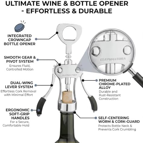 Wine Opener, Zinc Alloy Premium Wing Corkscrew with Multifunctional Bottles Opener, Sharp Wine Corkscrew with Ergonomic Non-Slip Wing Handle, Silver