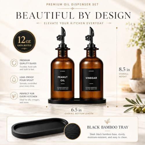 Olive Oil Dispenser for Kitchen, 2-Pack 12oz Glass Bottle with Black Labels