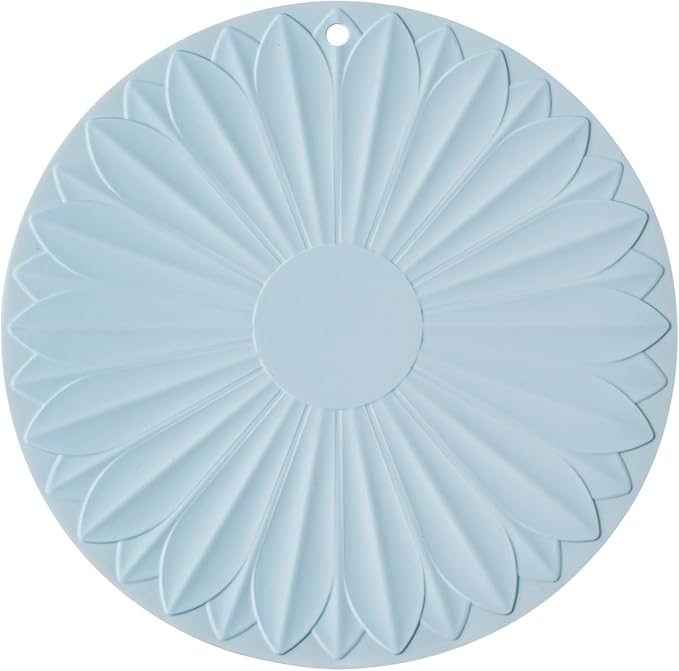 Trivet for Hot Dishes and Pots, 7 Inch Round Silicone, Blue | Food-grade silicone, heat resistant to 446F. Use as trivet, coffee mat, or placemat. Anti-slip, dishwasher safe, stackable.
