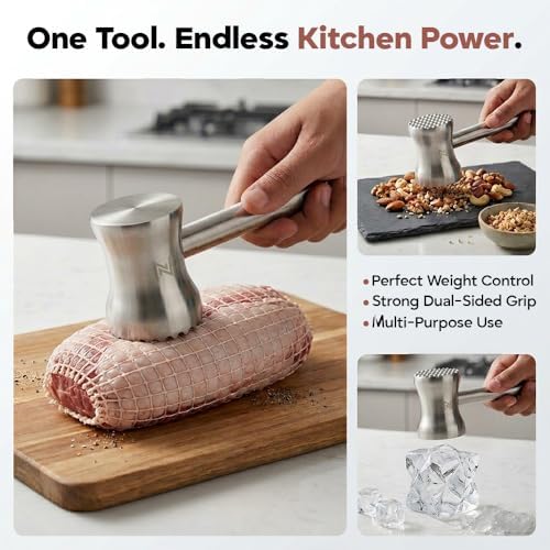 304 Stainless Steel Tenderizer Mallet Dual-Sided Hammer, Heavy Duty Pounder Tool for Steak, Beef & Chicken Cutlets, Textured Grip Kitchen Mallet, Dishwasher Safe Beater for Cooking