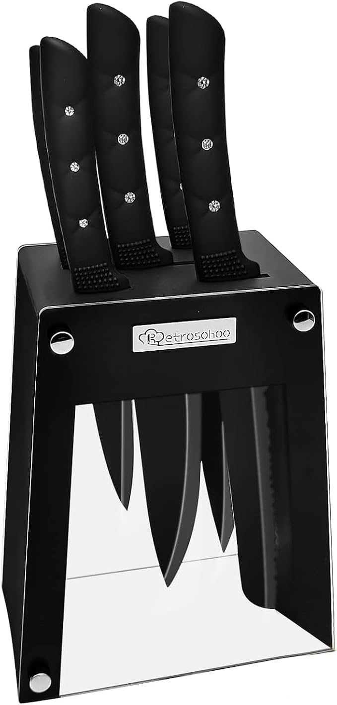 Kitchen Knife Set, Black Flower 6PC Stainless Steel Sharp Chef Knife Set with Acrylic Stand, Cooking Non-slip Knife Set with Block, Non-stick Colorful Coating Gift for Women Girls (Dark Black)