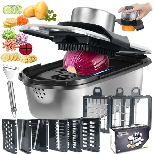 10 in1, 8 Blade Vegetable Chopper Food Grade Stainless Steel, Onion Mincer, Cutter, Dicer, Egg Slicer with Container, French Fry Cutter Potato Slicer, Home Essentials, Salad Chopper (Print Silver)