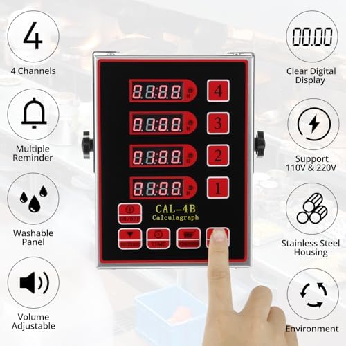 QWORK Kitchen Timer for Cooking, 4 Channel Stainless Steel Commercial Culinary Timer, Loud Alarm Cooking Reminder for Food Truck Fryer