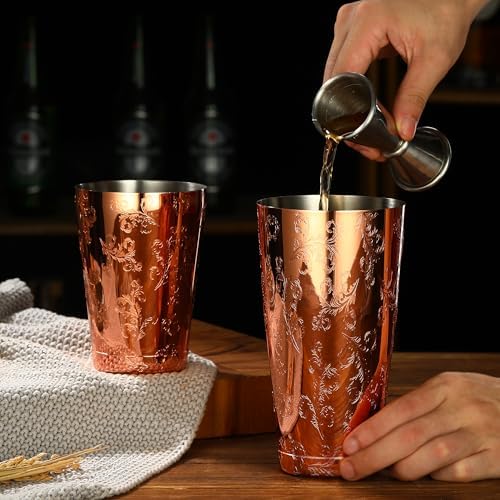 Stainless Steel Boston Shaker with Etched Pattern Weighted Shaking Tin Set (Leaf CopperPlated)