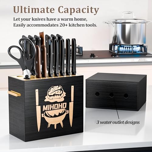 Wood Universal Knife Block with Slots, Wood Knife Holder/Knife Organizer, Unique Knife Storage for Counter Top with Anti-Slip Base (Black D)