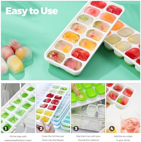 4 x Silicone Ice Cube Trays with Lids, Ice Cube Moulds, LFGB Certified – BPA Free, Square Ice Cube Trays Easy to Remove (2 Green + 2 Blue)