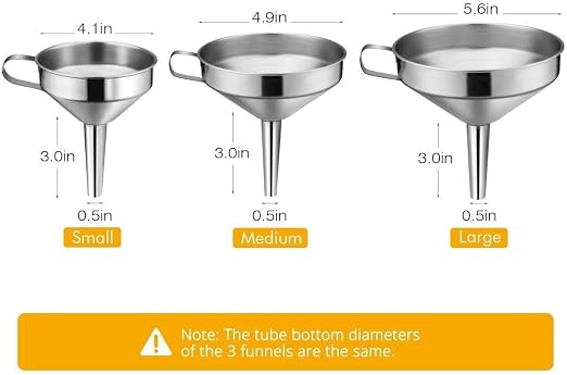 Kitchen Funnel, 3 Piece Stainless Steel Funnels Set with Handle Design and Removable Strainer, Great for Transferring of Liquid, Fluid, Dry Ingredients & Powder, Funnels for Filling Bottles