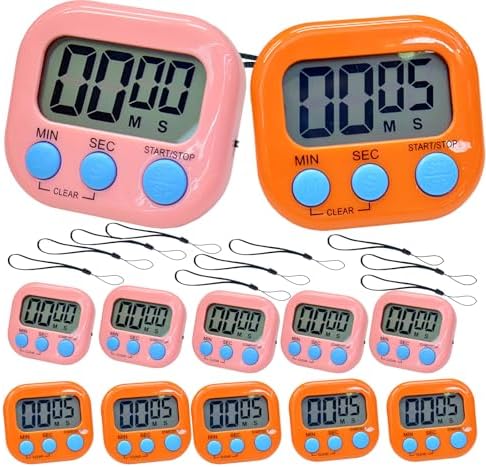 2 Pack Small Digital Kitchen Timer Magnetic Back and On/Off, Classroom Timers for Teachers Kids, Count Up Count Down Loud Alarm Stop Memory Function for Cooking Study Work Exercise (5, Pink+Orange)