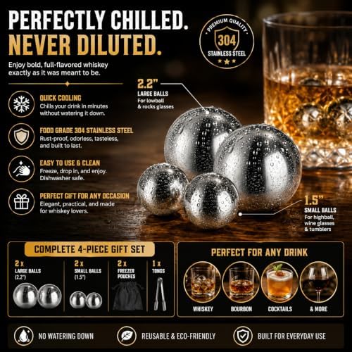 G&J's Finest Premium 4-Piece Stainless Steel Whiskey Chilling Ball Gift Set – 2 X-Large & 2 Large size Balls with Freezer Pouches and Tongs in Luxury Gift Box for Bourbon|Scotch|Whiskey(Not-Solid)