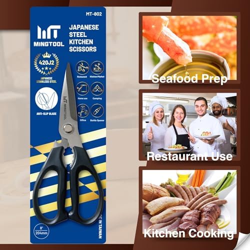 PROFESSIONAL KITCHEN SHEARS, Heavy Duty Food & Poultry Meat Scissors, MINGTOOL Serrated Blade with Premium Japanese Steel Material, Expert Grade Cutter for Bone, Crab Legs, Lobster, & Herbs.