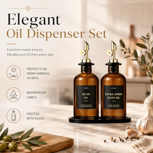 Olive Oil Dispenser for Kitchen, 2-Pack 12oz Glass Bottle with Gold Labels