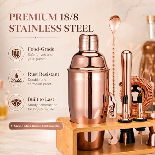 Rose Gold Cocktail Shaker Set, Premium 18/8 Stainless Steel Mixology Bartender Kit with Stylish Bamboo Stand 10-Piece Bar Tools & Accessories for Home Decor - Gift for Women, Mom, Wedding