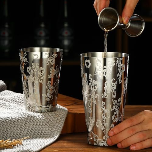 Stainless Steel Boston Shaker with Etched Pattern Weighted Shaking Tin Set (Leaf Silver)