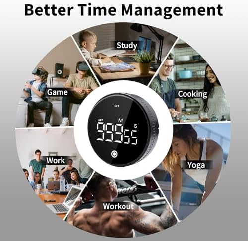 Digital Kitchen Timer, Magnetic Visual Countdown Countup Timer with Large LED Display, Adjustable Volume, Easy for Seniors and Kids, for Cooking, Classroom, Fitness, Study (Black)