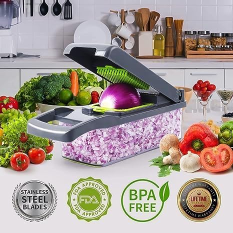 Multifunctional Vegetable Chopper and Dicer - Food Slicer With Replaceable Blades for Onions and More (Grey)