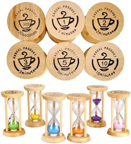 PROLOSO 6PCS Wood Frame Sand Timer Set 30sec/1/2/3/5/10mins Multicolor Hourglass Sandglass Clock Watch
