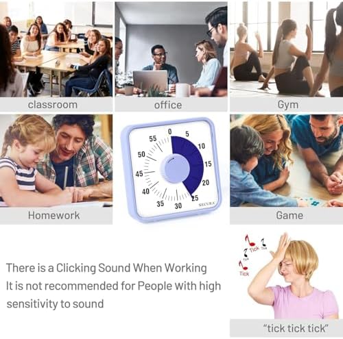 Secura 60-Minute Visual Countdown Timer, 7.5-Inch Oversize Classroom Visual Timer for Kids and Adults, Durable Mechanical Kitchen Timer Clock with Magnetic Backing (Violet)