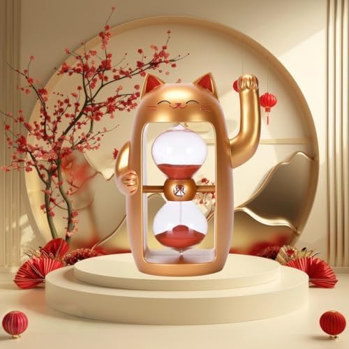 Lucky Cat Sand Timer Cute Hourglass Maneki-Neko Sandglass Timer reloj de Arena 30Min Sand Clock for Toothbrush Games Classroom Home Office Cooking Front Desk（Gold Big+30Min）