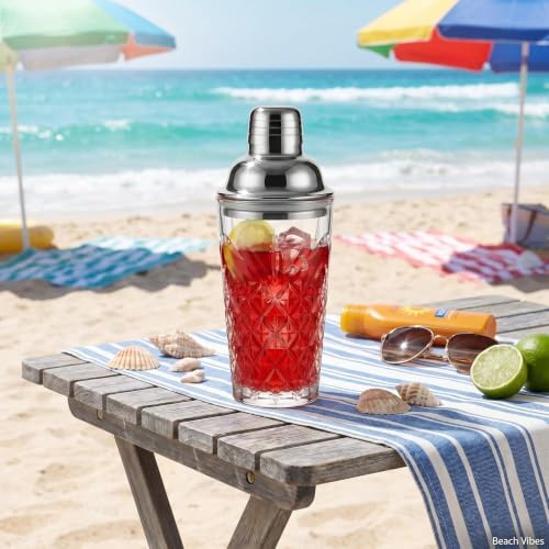 Elegant Glass Cocktail Shaker Set - Herringbone Design, 15oz Capacity, Leakproof Stainless Steel Top - Perfect for Bartending Enthusiasts