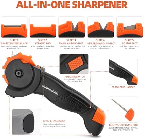 Rushmore 6-in-1 Garden Tool & Knife Sharpener – Carbide & Ceramic Blades for Pruners, Scissors, Axes, Machetes, Hedge Shears & Lawn Mower Blades – Repairs, Hones & Maintains Edges