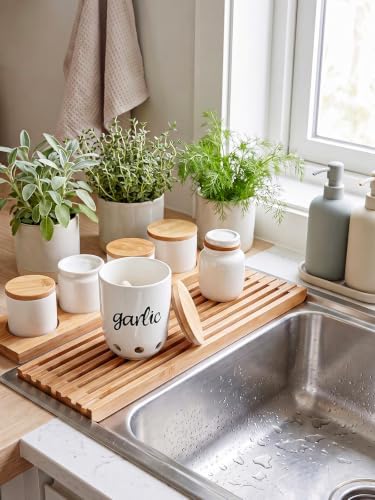 Ceramic Garlic Keeper for Counter with Wood Lid (White)