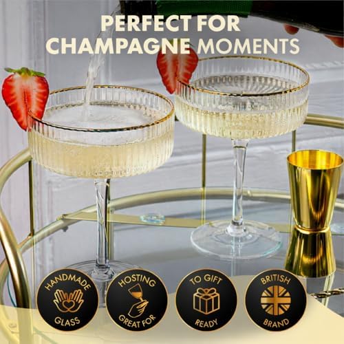 VEMACITY - Luxury Espresso Martini Gifts | Gold Cocktail Shaker Set + 2 Espresso Martini Glasses - Cocktail Kit with Built-in Strainer & Ribbed Martini Glasses (10oz) | Drink Shakers Cocktail
