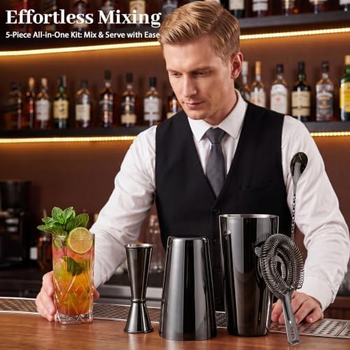 Boston Cocktail Shaker Set, 18 oz & 28 oz 2-Piece Tins, 304 Stainless Steel Bartender Kit 5-Piece Bar Tool Set with Recipe Book, Perfect for Novices & Pros, Home and Bar Use (Black)