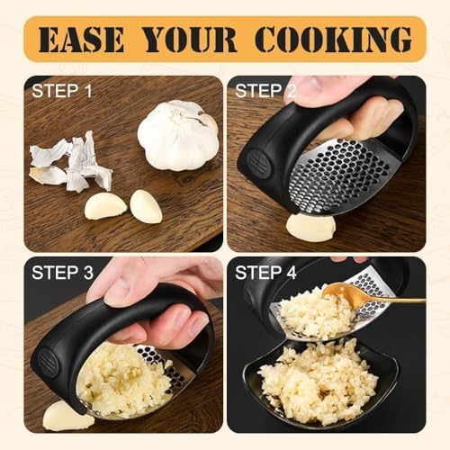 Garlic Press Rocker 2026 New,Portable Manual Stainless Steel Garlic Press Rocker Crusher Masher with Garlic Peeling Drum for Home Kitchen Utensils Garlic Crusher (1PCS)