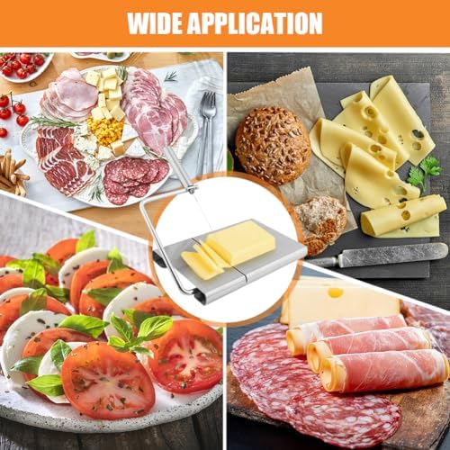 Stainless Steel Cheese Slicer Cutter with Wire - Adjustable Board & 6 Replacement Wires, Perfect for Cheese, Butter, Veggies & Sausage (Silver)