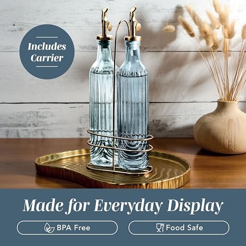 COOK WITH COLOR Glass Olive Oil Bottle Dispenser - 2 Pack- 17oz Oil and Vinegar Cruet - Olive Oil Carafe Decanter for Kitchen, Elegant Fluted, Blue