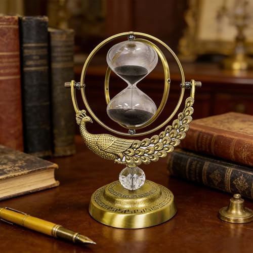 SuLiao Hourglass Sand Timer, 60 Minute Peacock Rotating Hour Glass, 60 Min Unique Black Sand Clock, Large 1 Hour Brass Sandglass, 1 hr Metal Decorative Reloj De Arena, Desk, Office, Home