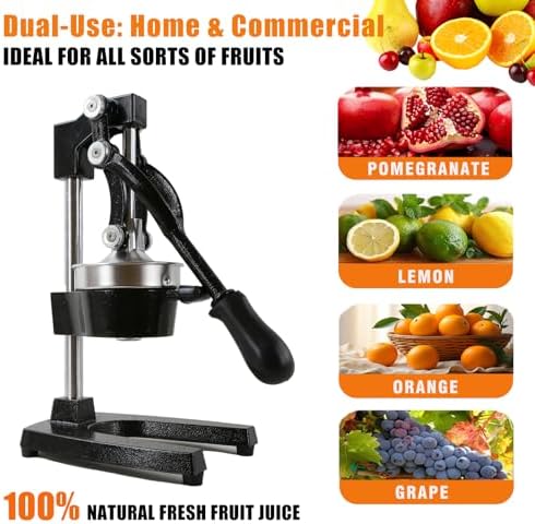 Kitchen Cast Iron Juicer - Easy-to-Clean Heavy-Duty Manual Juicer, Professional Citrus Juicer - Stainless Steel Lemon Squeezer - Manual Citrus Press & Orange Squeezer - Orange Juicer (Black)