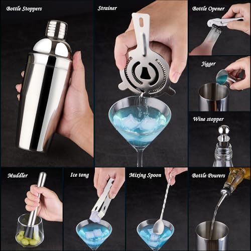 Wukuna Bartender Kit,15 Pcs Cocktail Shaker Bar Tool with Acrylic Stand