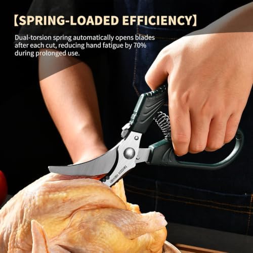 Poultry Shears，Heavy Duty Kitchen Shears with Anti-Slip Handle & Safety Lock，for Meat, Chicken, Bone, Turkey, Fish，Spring-Loaded, Dishwasher Safe
