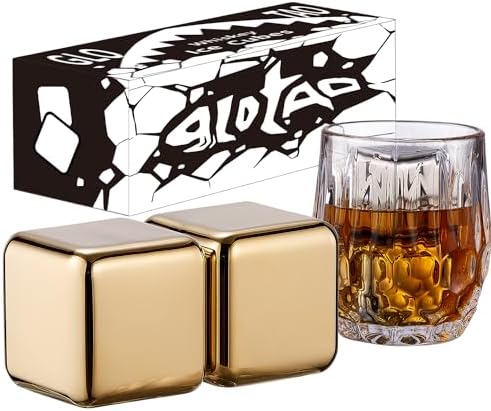 2 Large Whiskey Stones 64 cm³ (4 cu in) - Man Gift Set - Reusable Stainless Steel Metal Ice Sphere Cubes Beverage Chilling Rocks Whiskey Stones for Red Wine, Bar Beer, Scotch, Vodka Drinks - Gold