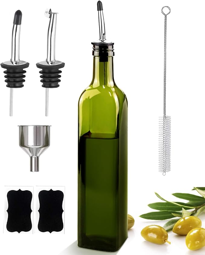 Leaflai Olive Oil Dispenser Bottle, 17oz Glass Olive Oil Dispenser and Vinegar Dispenser Set 500ml Green Glass Oil Bottle Dispenser with Pourers,Funnel and Brush