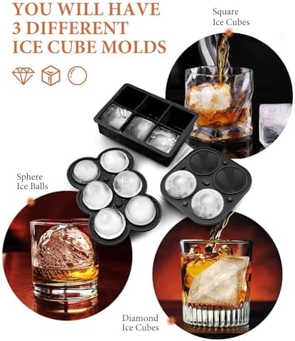 Dclobtop Ice Cube Trays, Silicone Ice Cube Molds for Freezer with Lid (Set of 3), 6 Ball Ice Cube Tray, 4 Diamond & 21-Ice Trays, Reusable Whiskey Ice Mold, DIY, BPA Free, Freezer