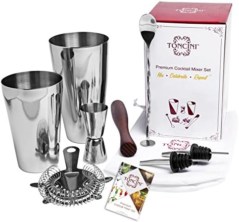 Professional Bartender Kit Cocktail Shaker Set by Toncini | Bartending Tools & Accessories | Stainless Steel Martini Shaker, Strainer, Jigger, Pourers, Muddler, Mixing Spoon, Recipe Book & Velvet Bag